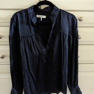 Frame Shirred Hammered Silk Popover Shirt in Navy